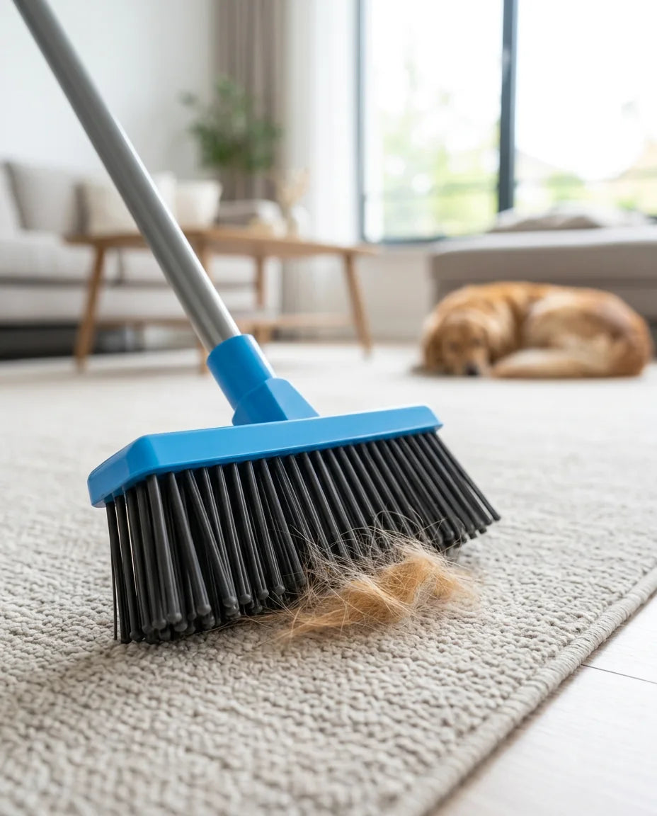 Balai Multifonction TROVIKAO regroupant des poils d’animal sur un tapis clair